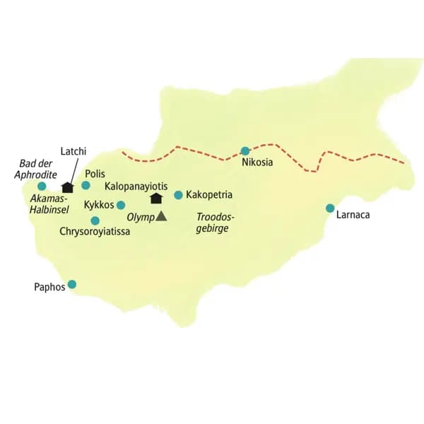 Unsere Reiseroute durch Zypern startet im Bergdorf Kalopanayiotis, führt uns nach Latchi auf die Akamas-Halbinsel, dann nach Paphos und schließlich nach Larnaca.