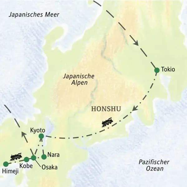 Unsere Reiseroute durch Japan startet in Tokio und führt dann nach Kobe, Nara und Kyoto. Mit Hochgeschwindigkeit rauschen wir außerdem  im Shinkansen nach Himeji.