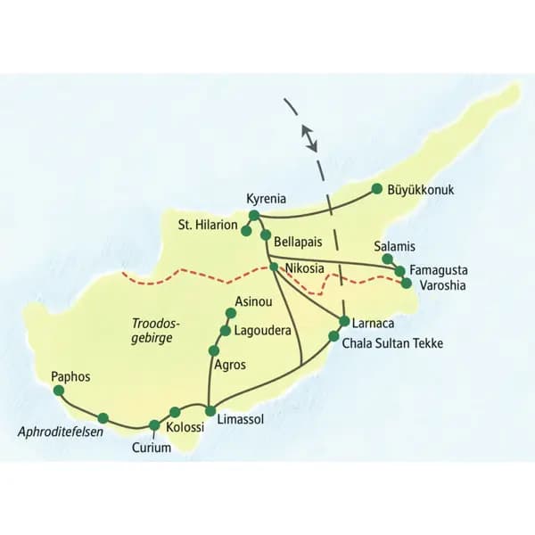 Unsere zehntägige Studienreise durch Zypern führt Sie zu den wichtigsten Sehenswürdigkeiten der drittgrößten Mittelmeerinsel, zum Beispiel die Bergfestung St. Hilarion, Famagusta, Larnaca und Paphos.