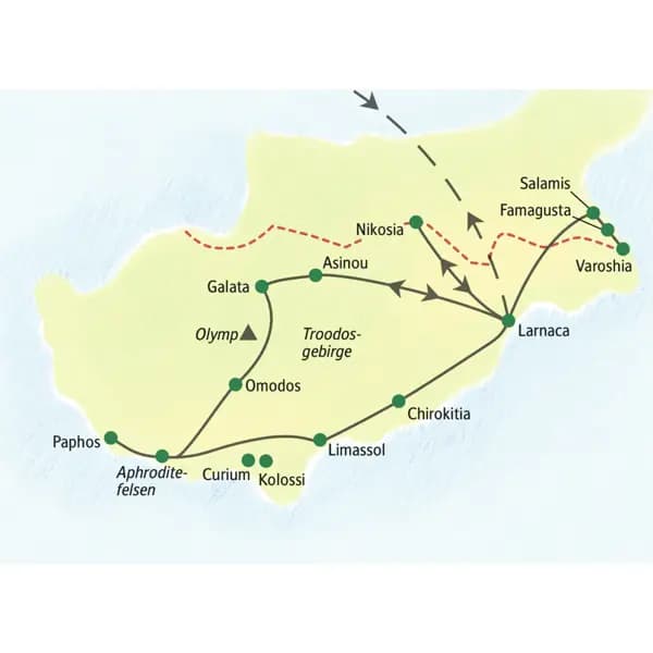 Die Reiseroute über die Insel Zypern startet in Larnaca und führt u.a. nach Salamis Nikosia, Galata, Paphos, Kolossi wieder zurück nach Larnaca.