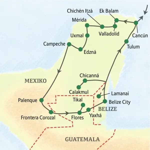Unsere Reiseroute durch Mexiko, Guatemala und Belize startet in Cancún und führt über Chichén Itzá, Campeche, Palenque, Tikal und Belize City zurück zu unserem Ausgangspunkt. Sie erleben auch die Götterwelt der Mayas in Uxmal und Umgebung.