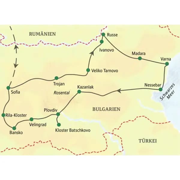 Die Karte zeigt den Verlauf unserer Studienreise durch Bulgarien über Sofia, Trojan, Veliko Tarnovo, Ivanovo, Madara, Varna, Nessebar, Kazanlak, Plovdiv, Kloster Batschkovo, Velingrad, Bansko, Rila Kloster.
